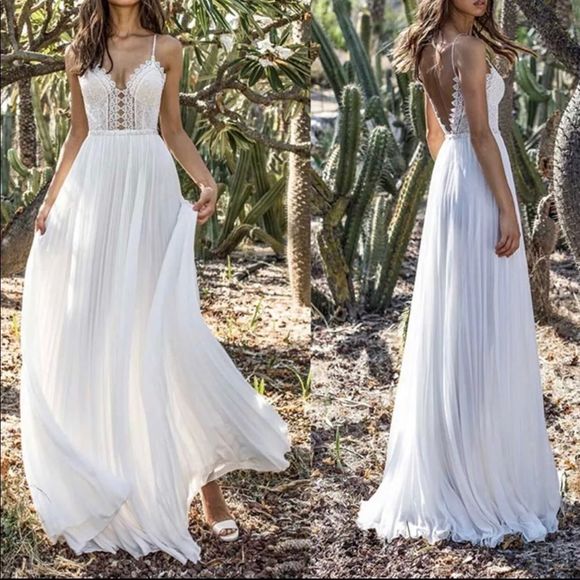Bohemian Lace white wedding dress + veil